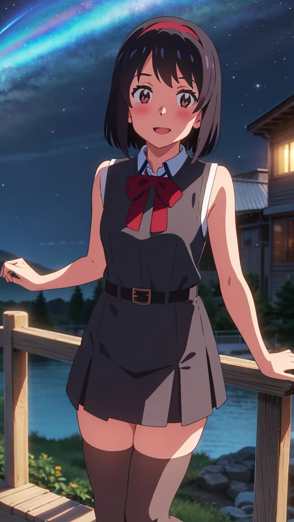 shinkai makoto, kimi no na wa., 1girl, bangs, black hair, blush, brown eyes, looking at the viewer, sleeveless dress, skirt, red headband, short hair, solo, outdoors, scenery, night sky, shinny skin, smile, open mouth, cute, thighhighs, (masterpiece), best quality