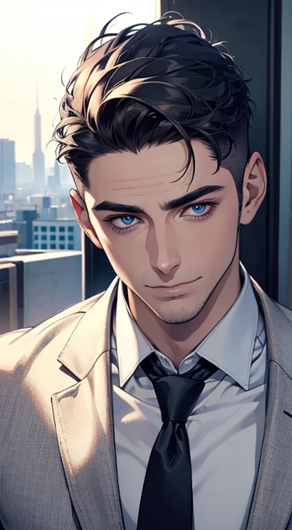 (best quality,4k,8k,highres,masterpiece:1.2),ultra-detailed,(realistic,photorealistic,photo-realistic:1.37),1 man,31 years old,mature man,very handsome,without expression,smile,short blue back hair,blue eyes,penetrating gaze,perfect face without errors,imposing posture,businessman,office background,cinematic lighting,hdr image