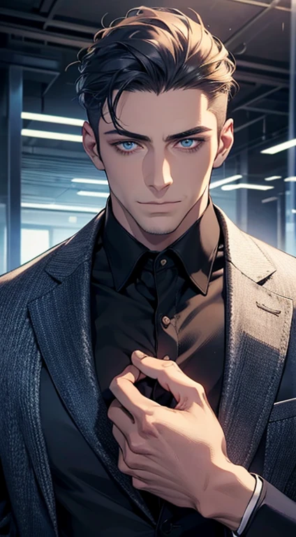 (best quality,4k,8k,highres,masterpiece:1.2),ultra-detailed,(realistic,photorealistic,photo-realistic:1.37),1 man,31 years old,mature man,very handsome,without expression,smile,short blue back hair,blue eyes,penetrating gaze,perfect face without errors,imposing posture,businessman,office background,cinematic lighting,hdr image