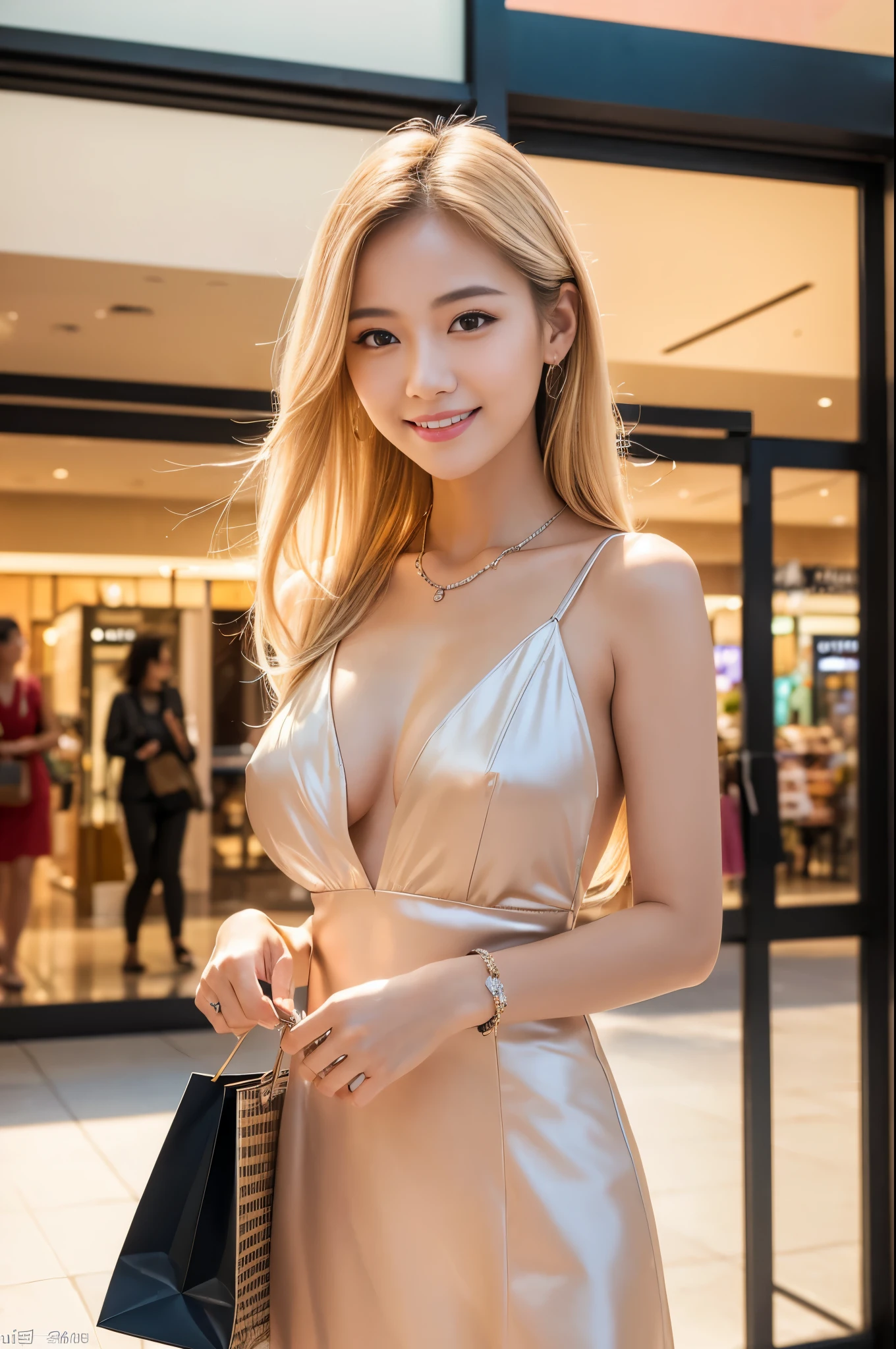 (masterpiece:1.4), (best quality:1.4), ultra high res, ultra high resolution, ((detailed facial features)), HDR, (realistic, photorealistic, photo-realistic:1.37), closeup, beautiful Thai woman, (happy smile), (small breasts), (slim girl), beautiful makeup, platinum blonde hair, fair skin, elegant posture, wearing large sparkling colorful jewelry, wearing a business style leather dress, standing in a large shopping mall, gentle sunlight shining through the shopping mall windows, casting a soft glow on her face, adding warmth to the scene, vibrant colors, capturing the essence of vibrant city life, portrait style, showcasing her natural beauty and grace in a feminine way