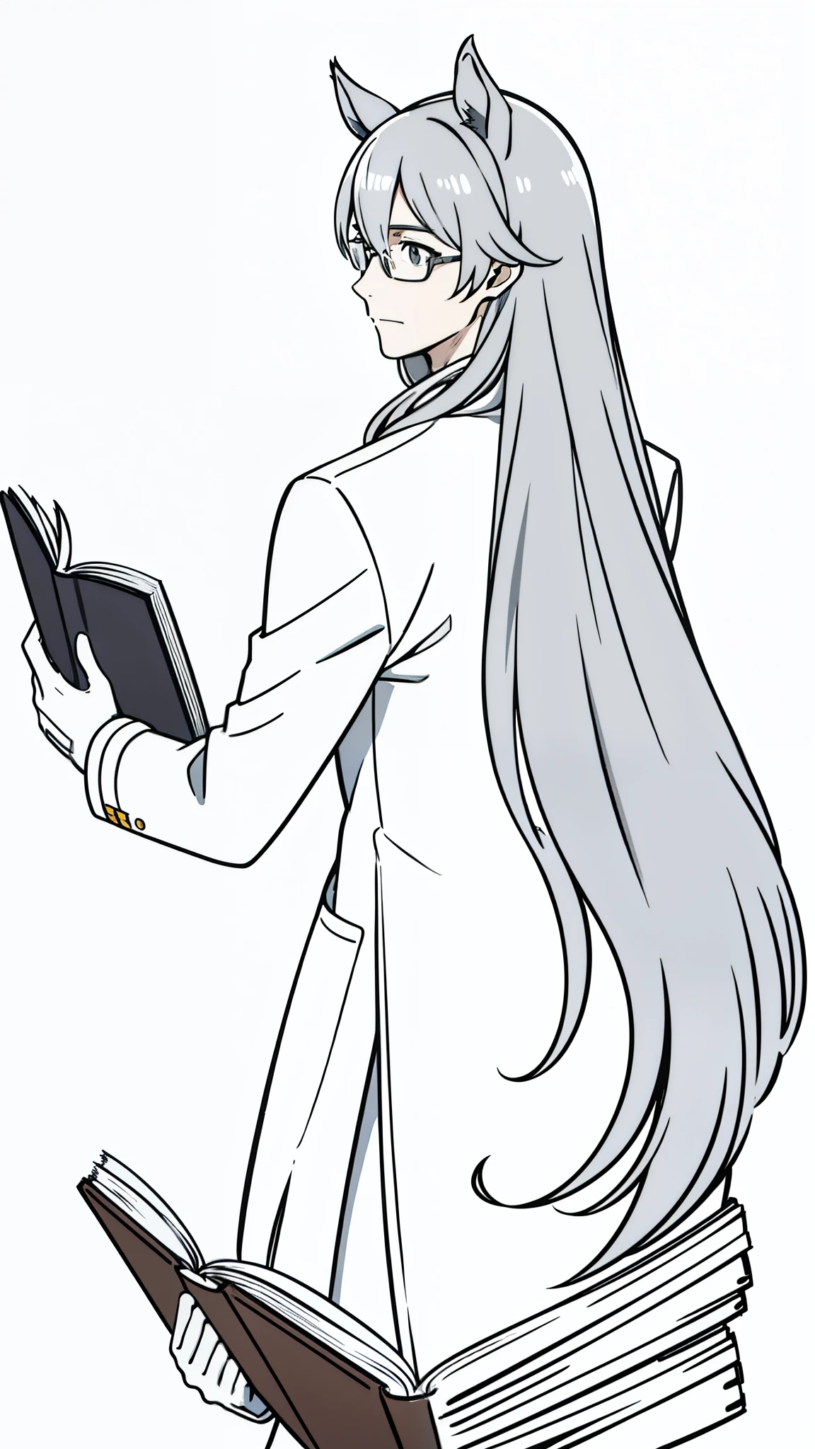 1man,30 years old,solo, long hair,disheveled hair,messy hair,((horse ears)),gray hair, glasses, scientist outfit, white coat, gloves,(from back),(white background,line drawing), reading a book,upper body