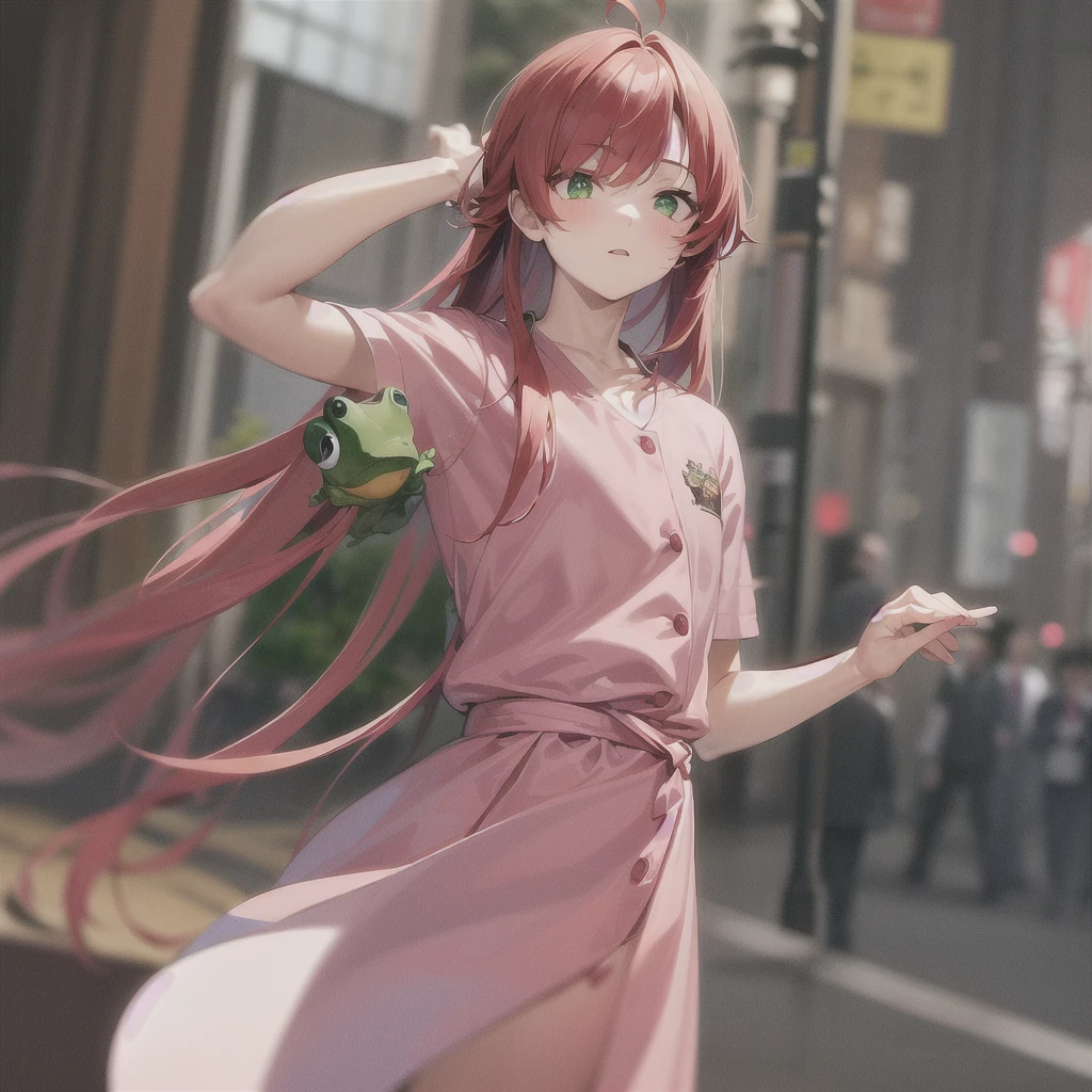 masterpiece, best quality, 1boy with a frog over his head, flower, kuramastd, long hair, red hair, green eyes, upper body, solo, pink , pink uniform, tokyo street background