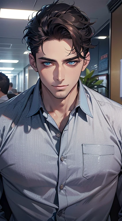 (best quality,4k,8k,highres,masterpiece:1.2),ultra-detailed,(realistic,photorealistic,photo-realistic:1.37),1 man,31 years old,mature man,very handsome,without expression,smile,short blue back hair,blue eyes,penetrating gaze,perfect face without errors,imposing posture,businessman,office background,cinematic lighting,hdr image