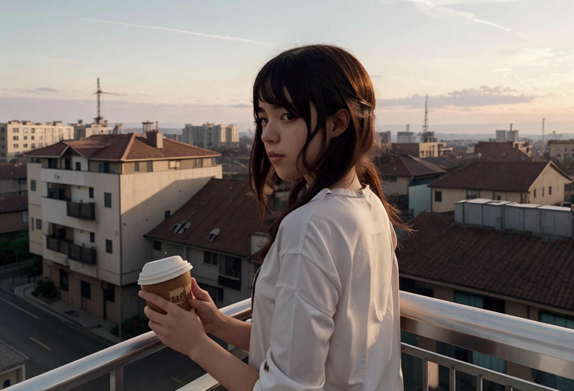 masterpiece,Girl standing on balcony with coffee in hand, cgsociety 9, Chill Hop, Alena Aenami and Artgerm, Makoto Shinkai and Artgelm, Lo-fi girl aesthetic, Anime Scenery, makoto shinkai and (Cain Kuga), Lo-fi aesthetic, Anime scenery, Anime Nature, roof backgrond, Anime Wallpaper,32k
