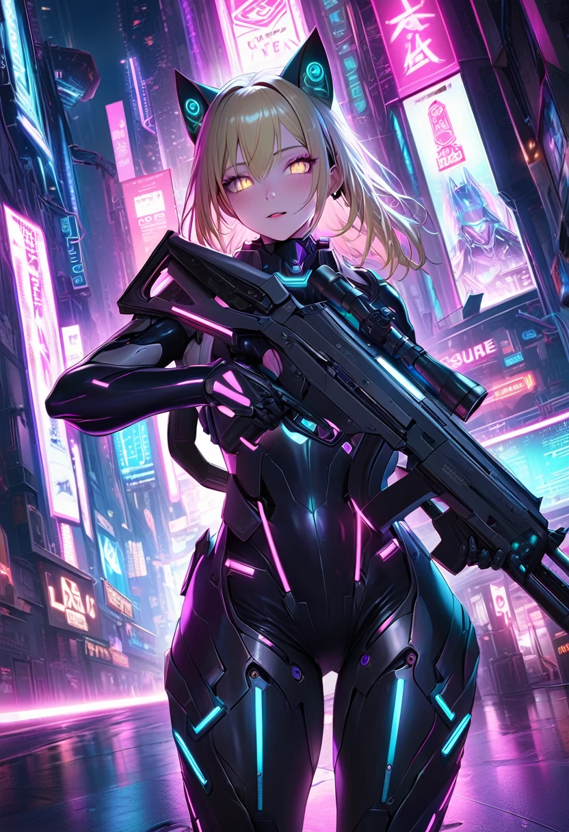 Create a highly realistic and photorealistic image of a cat-eared blonde character aiming at a target through a futuristic rifle scope. The scene requires a cyber aesthetic with dynamic angles. Characters wear sleek, high-tech armor with glowing accents and cybernetic enhancements that reflect a futuristic cyberpunk style. The background should feature a high-tech cityscape with neon lights and holographic displays. The expression on the character's face should be joyful and triumphant, as if the shooting was successful. Ensure your images are high resolution with detailed lighting and reflections.