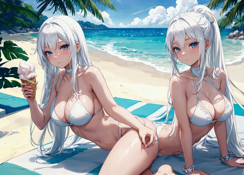 A beautiful anime girl with white hair, wearing a hot white bikini and a revealing thong, laying on a beach and eating an ice cream on a sunny summer day, photographed from a low camera angle, with dynamic lighning, stunning landscape