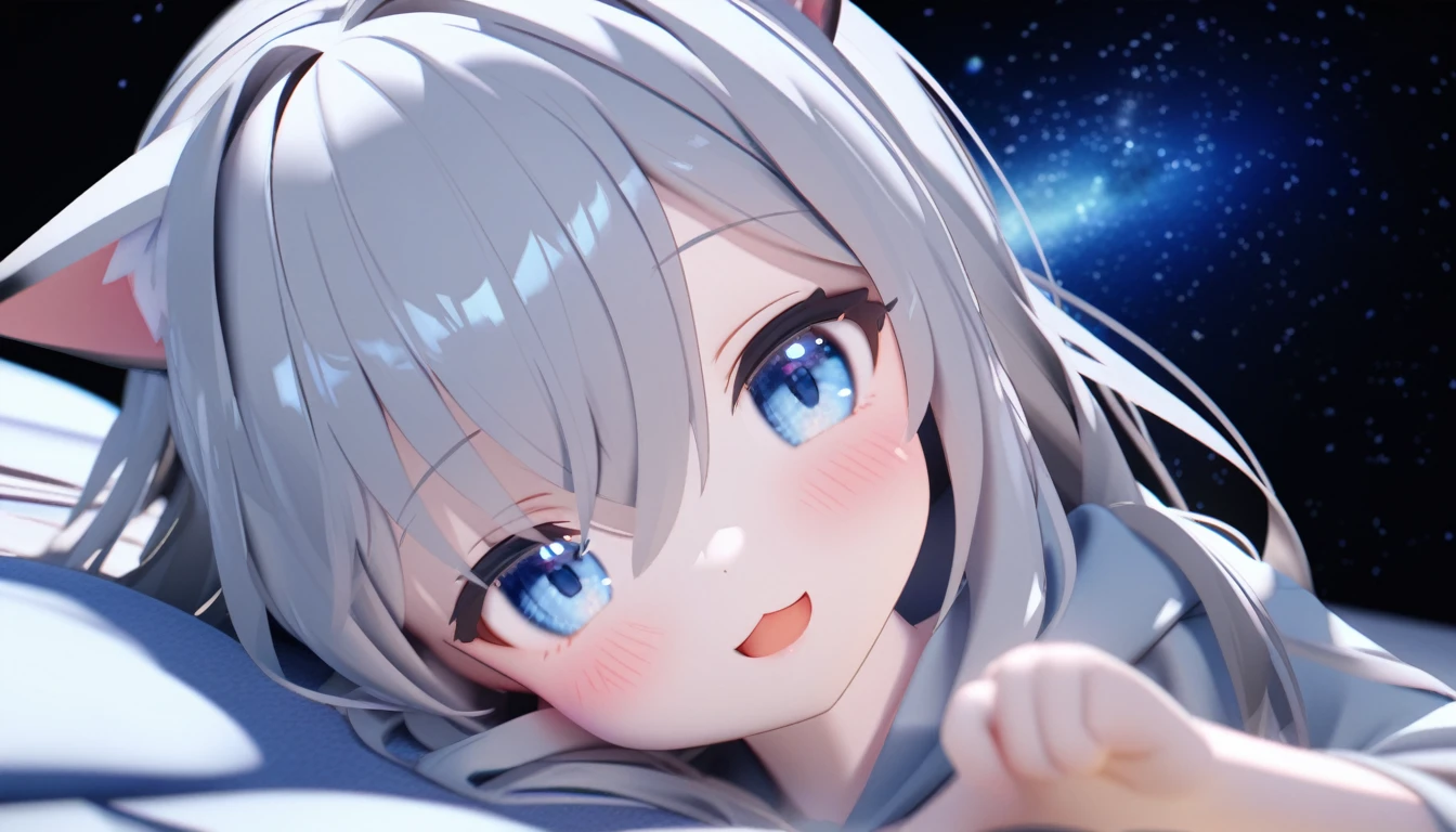 (MMD Style),,,Cat ears,Gray Hair,Straight long hair,cute,Light blue eyes,Big eyes,Open your mouth、Starry Sky,Lie down on the bed,smile,blush, Hair between the eyes,Large hoodie,Take a close-up of the face,