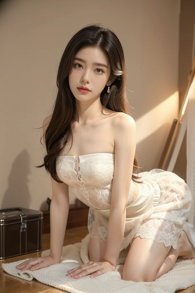 (((best quality))),(((ultra detailed))),(((masterpiece))),illustration,(1 beautiful girl,bride,solo),((slim,thin)),((small breasts,flat chest)),(shoulder length straight hair:1.2),(strapless see through white lace wedding dress:1.3),dim pink lighting,massage parlor,patiently waiting,tool box,soft ambient lighting,refreshing contrast,sultry summer night,air conditioning,atmosphere of relaxation,serenity,delicate features,curves,elegance,sophistication,toolbox contents,assortment of implements,oils,lotions,massage tools,background music,soothing ambiance,comfortable massage bed,fresh clean sheets,calming artwork,warm friendly demeanor,sense of calm,compassion,eager anticipation,healing rejuvenating experience,((kneeling on the floor)),((from front,upper body)),(night scene:1.3)