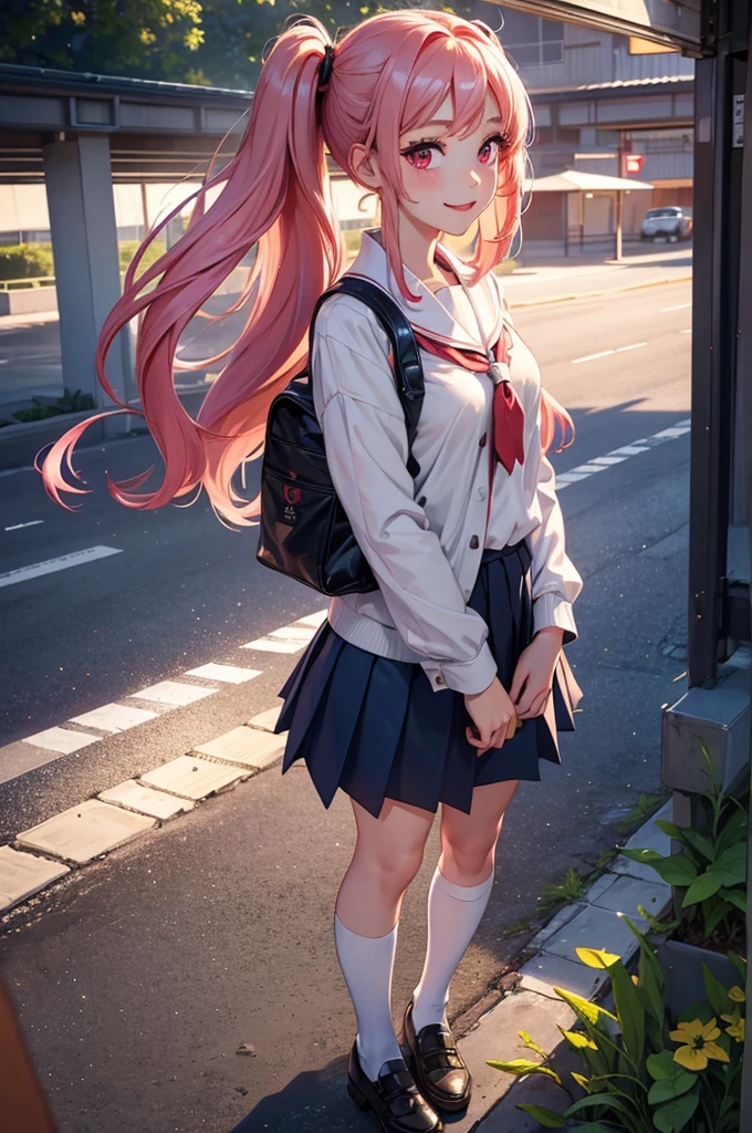((best quality, ultra-detailed, high resolution, extremely detailed CG, super detailed, Beautiful lighting)), 1 girl, beautiful girl, cute girl and idol face, young face, smile, Beautiful long pink hair, twintails, Beautiful shining red eyes, white skin, slender, Short body, Japanese High School Girls' Uniforms, Schools, schoolyards, and commuting, school bag, after the rain, shine , rainbow, full body,