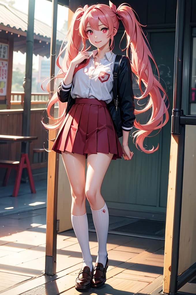 ((best quality, ultra-detailed, high resolution, extremely detailed CG, super detailed, Beautiful lighting)), 1 girl, beautiful girl, cute girl and idol face, young face, smile, Beautiful long pink hair, twintails, Beautiful shining red eyes, white skin, slender, Short body, Japanese High School Girls' Uniforms, Schools, schoolyards, and commuting, school bag, after the rain, shine , rainbow, full body,