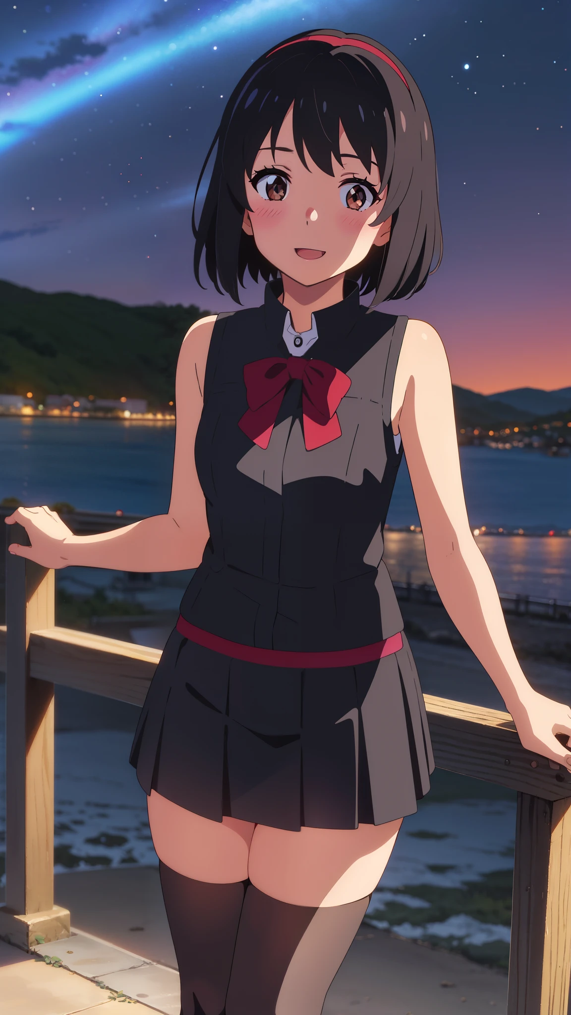 shinkai makoto, kimi no na wa., 1girl, bangs, black hair, blush, brown eyes, looking at the viewer, sleeveless dress, skirt, red headband, short hair, solo, outdoors, scenery, night sky, shinny skin, smile, open mouth, cute, thighhighs, (masterpiece), best quality