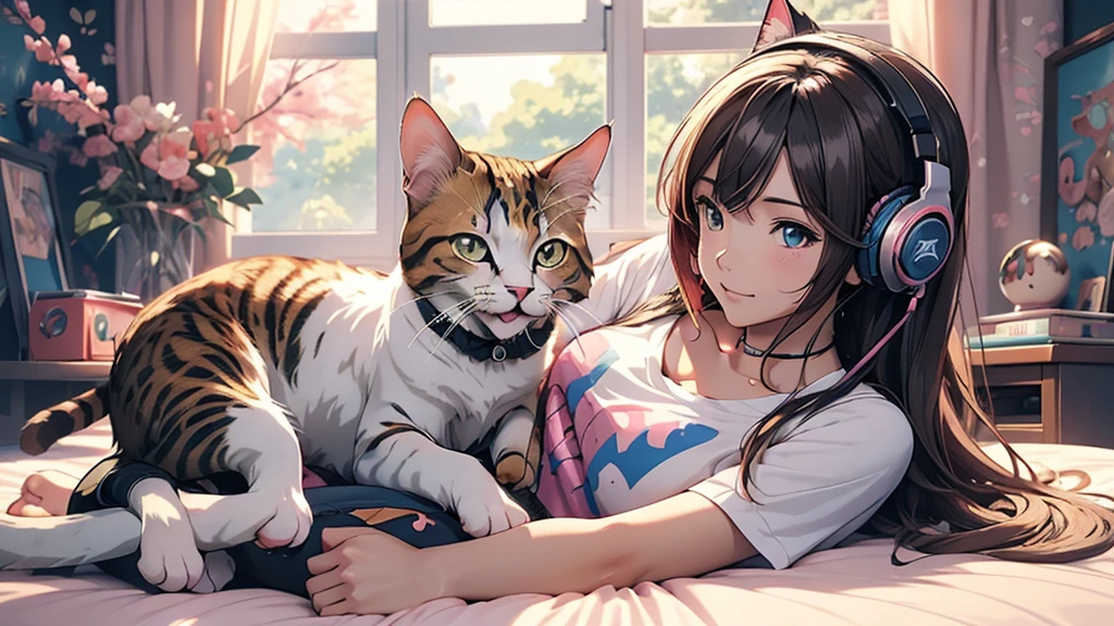 Woman wearing headphones, Anime Style 4 k, anime wallpaper 4k, anime wallpaper 4k, 4k anime wallpaper, anime art wallpaper 4k, anime art wallpaper 4k, Anime Style. 8k, Anime atmosphere, , Ultra HD Anime Wallpaper, Anime Art Wallpaper 8K, Anime Background,landscape、room、Cat、Catがいる
