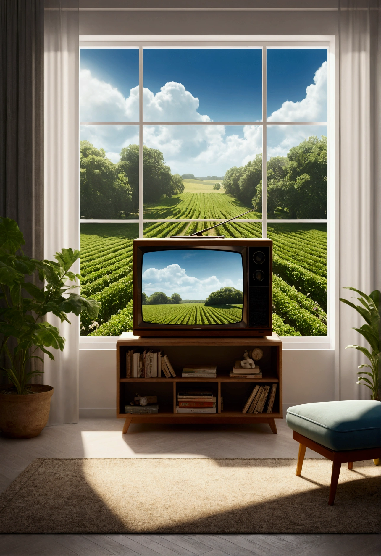rendu smooth vintage chambre d'adolecent la nuit , tv, jeux videos, livres, poster, plantes, a droite grand lit . grande fentre avec vu sur la campagne foert ciel etoilées