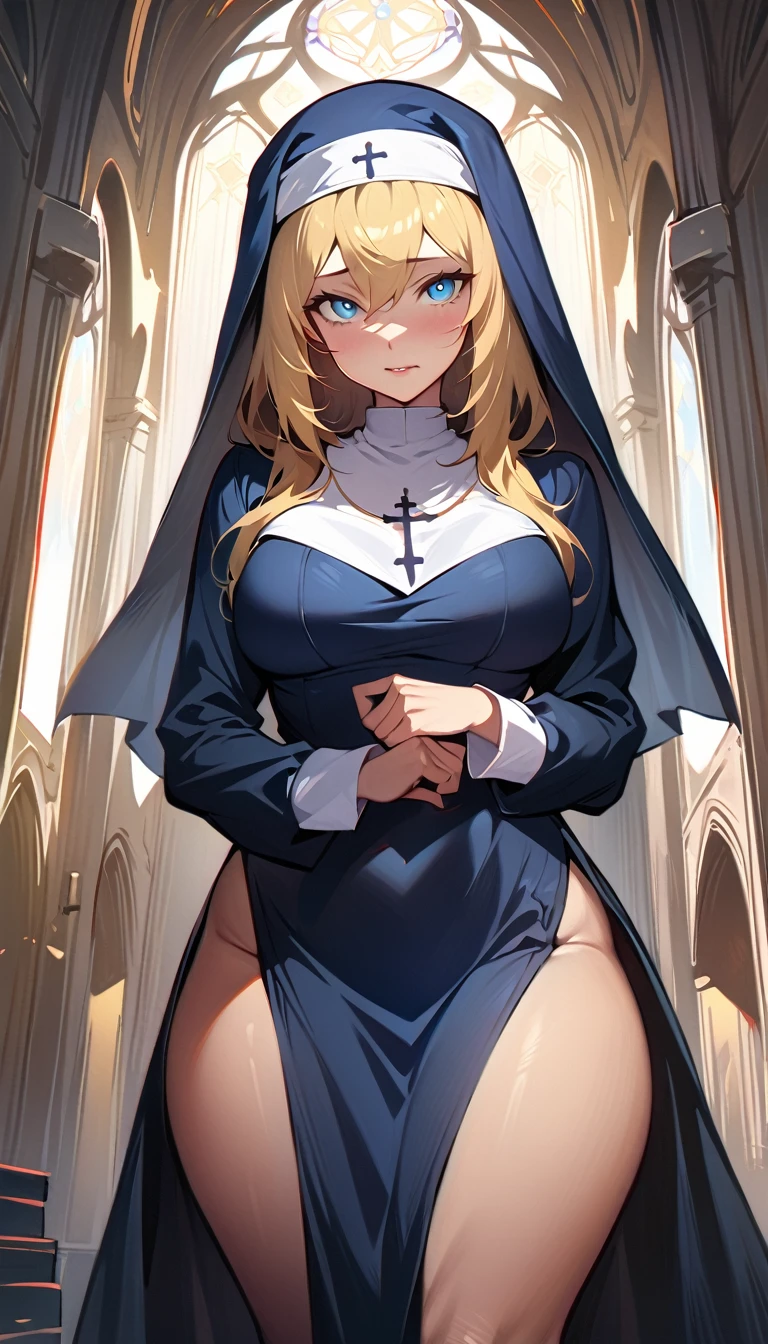(high quality, 8k, 4K, high contrast, artwork:1.2, high quality, best aesthetics), (centered), ((1 woman)), erotic, sensual, mature body, super detailed, beautiful face detailed, beautiful eyes detailed, detailed beautiful mouth, perfect breats, (blonde, long, straight hair), (blue eyes), (shy calm expression), (religious habit), (nun's clothes), (female nun), (standing), (looking at viewer), (piercing gaze), (church), (front view)