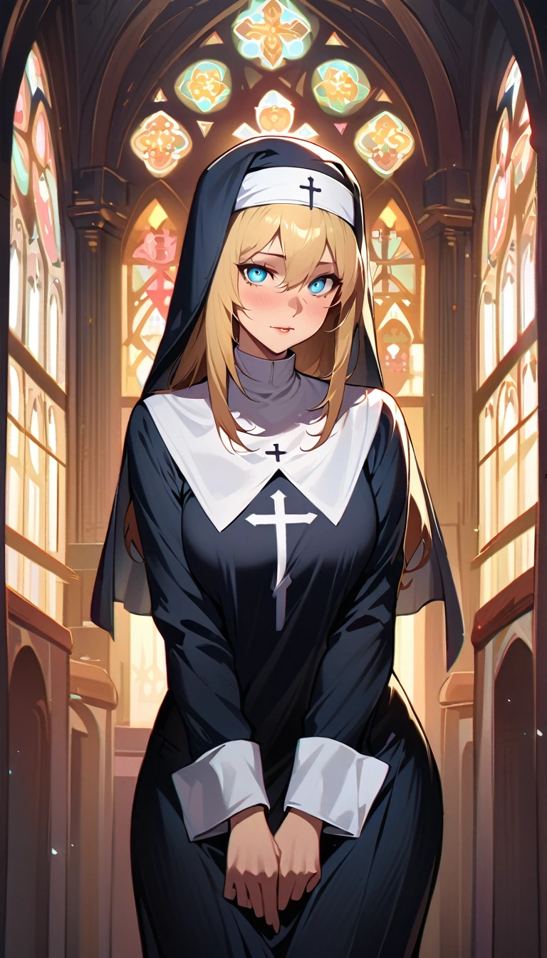 (high quality, 8k, 4K, high contrast, artwork:1.2, high quality, best aesthetics), (centered), ((1 woman)), erotic, sensual, mature body, super detailed, beautiful face detailed, beautiful eyes detailed, detailed beautiful mouth, perfect breats, (blonde, long, straight hair), (blue eyes), (shy calm expression), (religious habit), (nun's clothes), (female nun), (standing), (looking at viewer), (piercing gaze), (church), (front view)