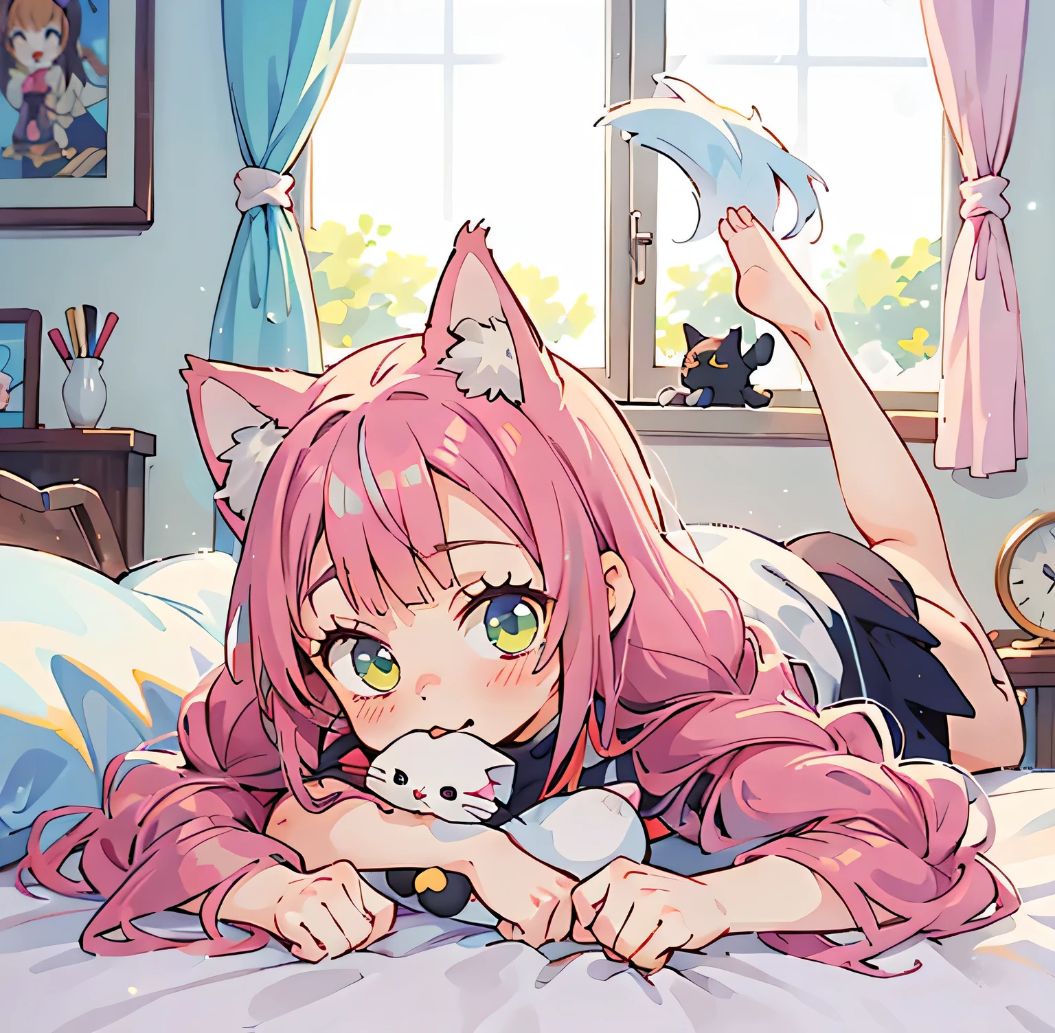 anime girl with long hair and cat ears laying on bed, cute anime catgirl, anime visual of a cute girl, anime catgirl, anime visual of a cute cat, holo is a wolf girl, cute anime girl, anime girl with cat ears, beautiful anime catgirl, anime best girl, very beautiful anime cat girl, anime girl named lucy, cute anime