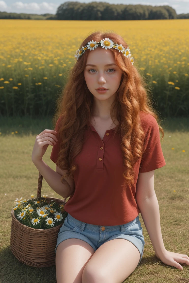 (girl:1.2),alone, (long ginger curly hair:1.1), brown eyes, Wearing a daisy wreath on your head, Sit in a daisy field, (fruit basket:1.1), blue shorts, red shirt,,raw,photographic,photo shadows,actual,Ridiculous,Aesthetic,elegant, bare skin
