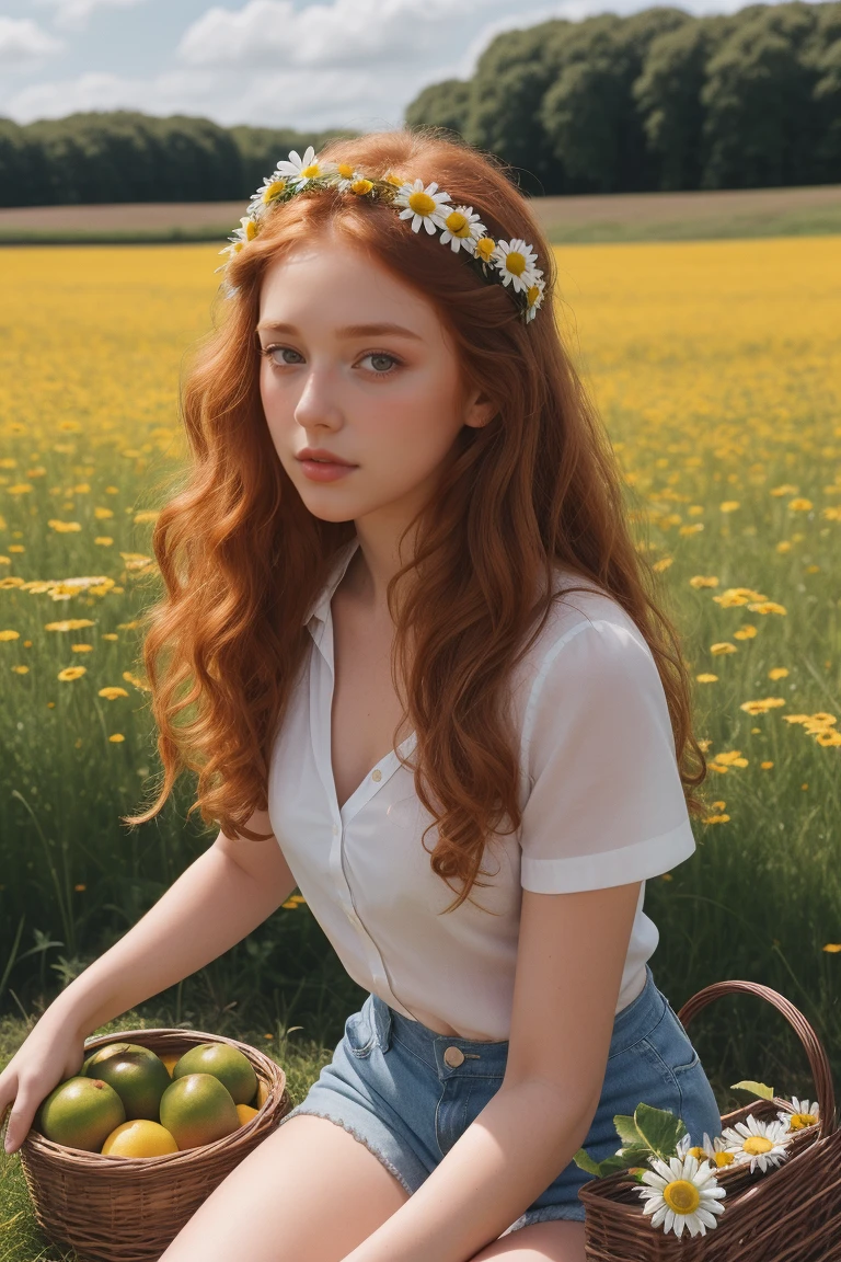 (girl:1.2),alone, (long ginger curly hair:1.1), brown eyes, Wearing a daisy wreath on your head, Sit in a daisy field, (fruit basket:1.1), blue shorts, red shirt,,raw,photographic,photo shadows,actual,Ridiculous,Aesthetic,elegant, bare skin
