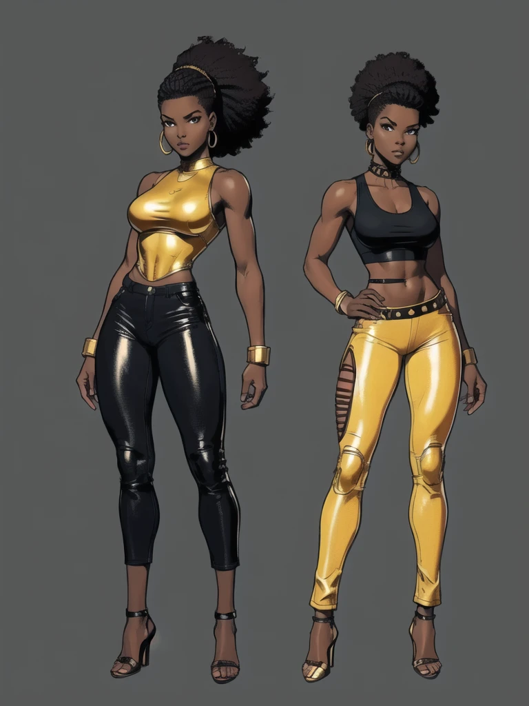 ((best quality)), ((4k)), ((highres)), ((masterpiece:1.2)). ((detailed)), ((ultra realistic)), ((intricate details)), ((full body picture)), ((solo character)), a full body picture of a beautifull Ebony skinned female, black woman, dark skin, perfect face, detailed eyes, detailed lips, about 25 years old, about 5'5 ft. tall, punk black woman, punk style, side shaved hair ((emphasis on her side shaved hair)), side-shaved afro hair style, ((emphasis on her side-shaved afro hair style)), muscular body, hourglass body type, thick and muscular, dressed in a golden top ((emphasis on her gold tank top)), and black leather pants, high heels, fighting game character concept art, tekken character design, the king of fighters character concept, full bofy, full body concept art, full body art