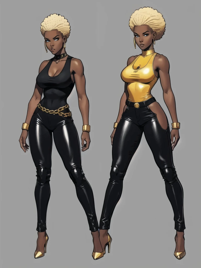 ((best quality)), ((4k)), ((highres)), ((masterpiece:1.2)). ((detailed)), ((ultra realistic)), ((intricate details)), ((full body picture)), ((solo character)), a full body picture of a beautifull Ebony skinned female, black woman, dark skin, perfect face, detailed eyes, detailed lips, about 25 years old, about 5'5 ft. tall, punk black woman, punk style, side shaved hair ((emphasis on her side shaved hair)), side-shaved afro hair style, ((emphasis on her side-shaved afro hair style)), muscular body, hourglass body type, thick and muscular, dressed in a golden top ((emphasis on her gold tank top)), and black leather pants, high heels, fighting game character concept art, tekken character design, the king of fighters character concept, full bofy, full body concept art, full body art