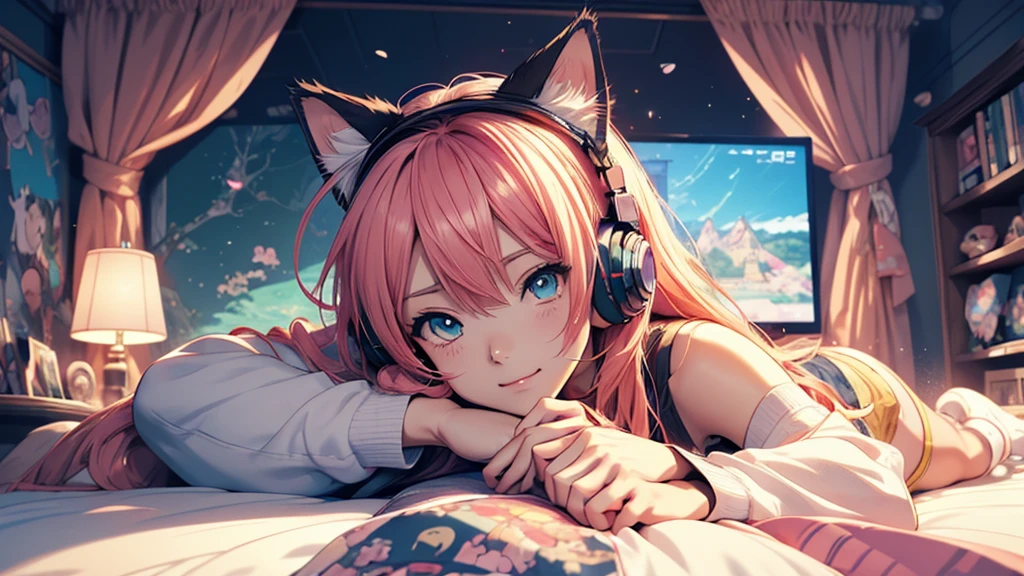 Woman wearing headphones, Anime Style 4 k, anime wallpaper 4k, anime wallpaper 4k, 4k anime wallpaper, anime art wallpaper 4k, anime art wallpaper 4k, Anime Style. 8k, Anime atmosphere, , Ultra HD Anime Wallpaper, Anime Art Wallpaper 8K, Anime Background,landscape、room、Cat、Catがいる