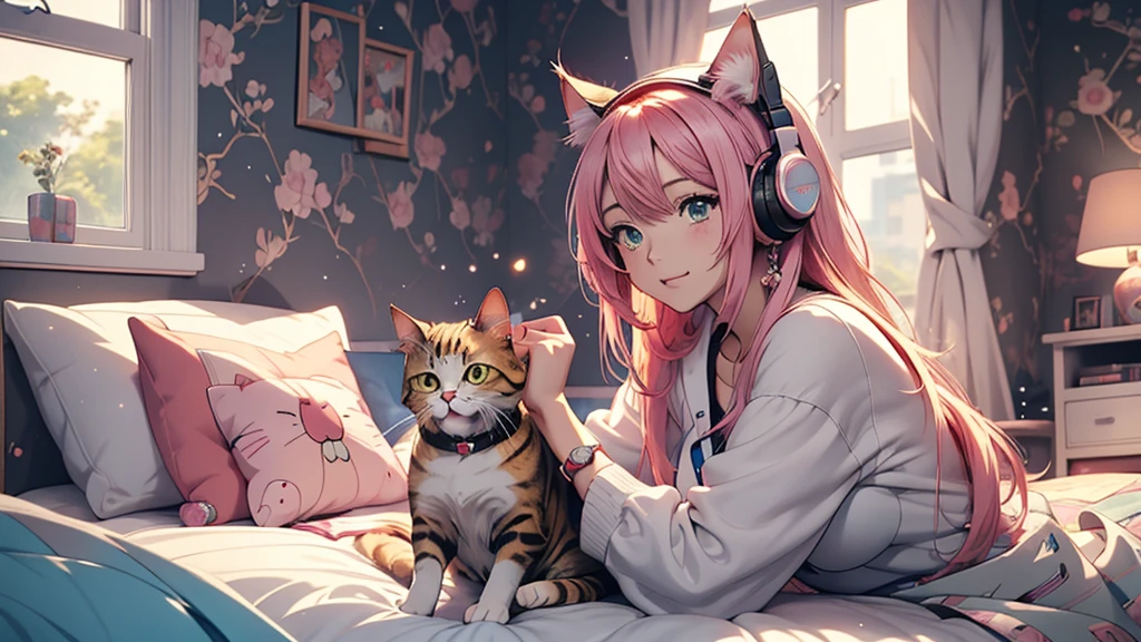 Woman wearing headphones, Anime Style 4 k, anime wallpaper 4k, anime wallpaper 4k, 4k anime wallpaper, anime art wallpaper 4k, anime art wallpaper 4k, Anime Style. 8k, Anime atmosphere, , Ultra HD Anime Wallpaper, Anime Art Wallpaper 8K, Anime Background,landscape、room、Cat、Catがいる