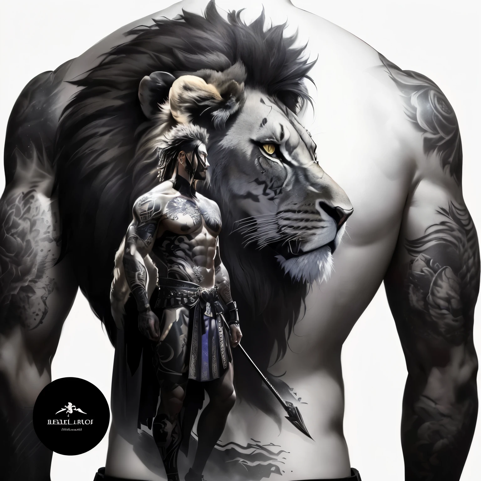A man has a lion and a warrior tattoo on his back, Lion Warrior, Full body tattoo, warrior body, 高度精细的Full body art, realism tattoo design, Hyper realistic shadow tattoo, realism tattoo, Male Warrior, 3D tattoo designs, Full body art, Back tattoo, spartan warrior, 2d full body lion, realism tattoo drawing
