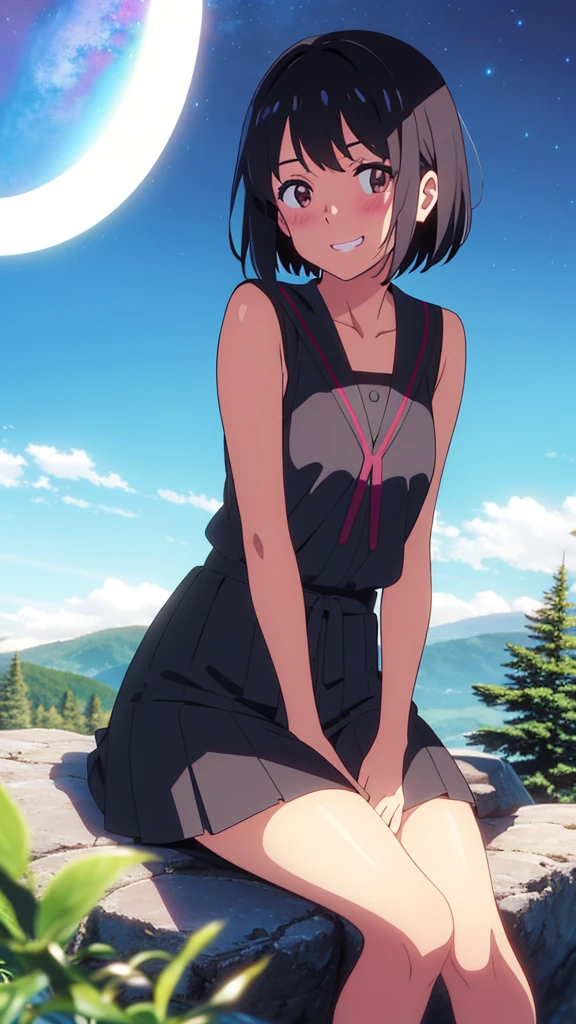 shinkai makoto, kimi no na wa., 1girl, bangs, black hair, blush, expressive eyes, brown eyes, perfect face, looking at the viewer, sleeveless dress, skirt, short hair, solo, outdoors, shinny skin, smile, cute, grin, cloudy, night sky, mountains, rocks, sitting, (masterpiece), best quality