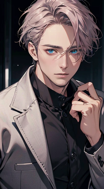 (best quality,4k,8k,highres,masterpiece:1.2),ultra-detailed,(realistic,photorealistic,photo-realistic:1.37),cinematic lighting,1:4 hdr image,a mature man,34 years old,very handsome,cold expression,short grey pink hair,blue eyes,flawless face,buttoning his jacket,CEO