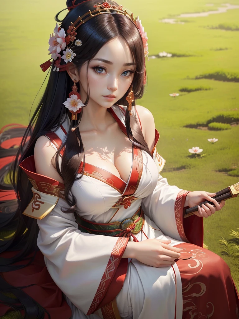 A woman in a white dress holding red and green syamisen, Beautiful character drawings, Japanese Goddess, Beautiful and attractive anime woman, Gweiz-style artwork, Beautiful Anime Woman, Beautiful Fantasy Empress, Inspired by Wu Zuoren, Inspired by Sukenori Nishikawa, Inspired by Du Qiong, Ancient Chinese Beauties,  Highly detailed CG unit 8k wallpaper, masterpiece, High resolution, highest quality, highest quality real texture skin, Super Real, Digital Painting, Best image quality, 最High resolution, 8k, ((Highly detailed eyes and face, Beautiful eyes every detail)), red iips, hanfu, 