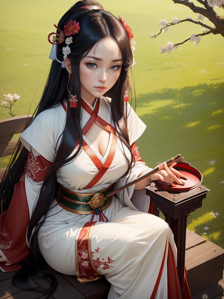 A woman in a white dress holding red and green syamisen, Beautiful character drawings, Japanese Goddess, Beautiful and attractive anime woman, Gweiz-style artwork, Beautiful Anime Woman, Beautiful Fantasy Empress, Inspired by Wu Zuoren, Inspired by Sukenori Nishikawa, Inspired by Du Qiong, Ancient Chinese Beauties, Highly detailed CG unit 8k wallpaper, masterpiece, High resolution, highest quality, highest quality real texture skin, Super Real, Digital Painting, Best image quality, 最High resolution, 8k, ((Highly detailed eyes and face, Beautiful eyes every detail)), red iips, hanfu,