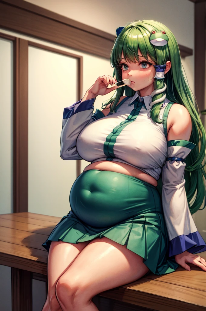 (masterpiece, best quality, highres, absurdres), 1girl, big belly, chubby arms, thick thighs, art by kipteitei, kochiya sanae, hair tubes, frog hair ornament, snake hair ornament, shirt, long sleeves, wide sleeves, blue skirt, embarrassed, big, looking down, poking belly, flushed, sitting on the floor, huge, eating