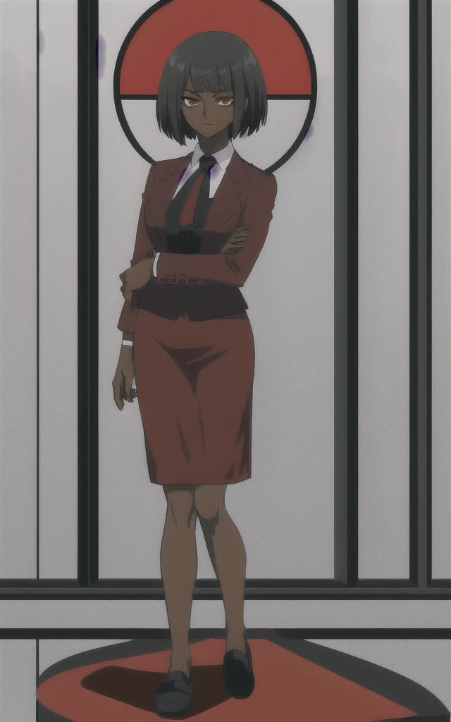 Tall adult Dark skinned business women in a red blazer skirt suit with a blouse underneath with short black hair ceo full body without more then one person