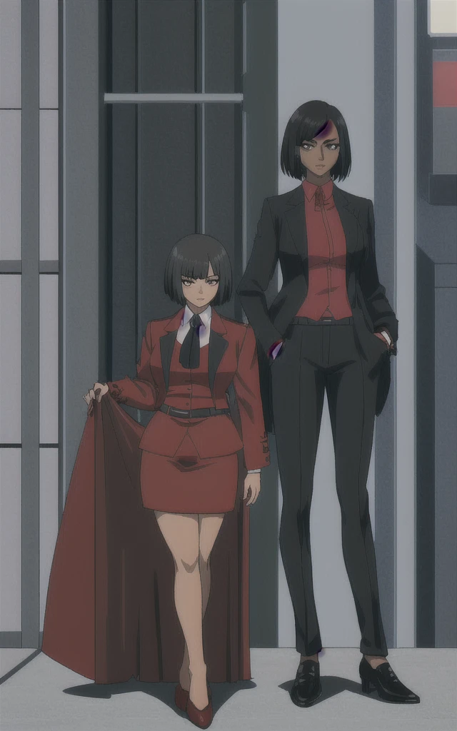 Tall adult Dark skinned business women in a red blazer skirt suit with a blouse underneath with short black hair  ceo  full body without more then one person 