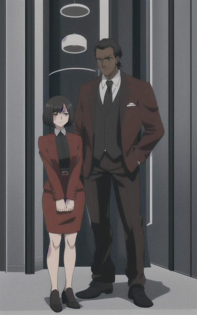 Tall adult Dark skinned business women in a red blazer skirt suit with a blouse underneath with short black hair ceo full body without more then one person