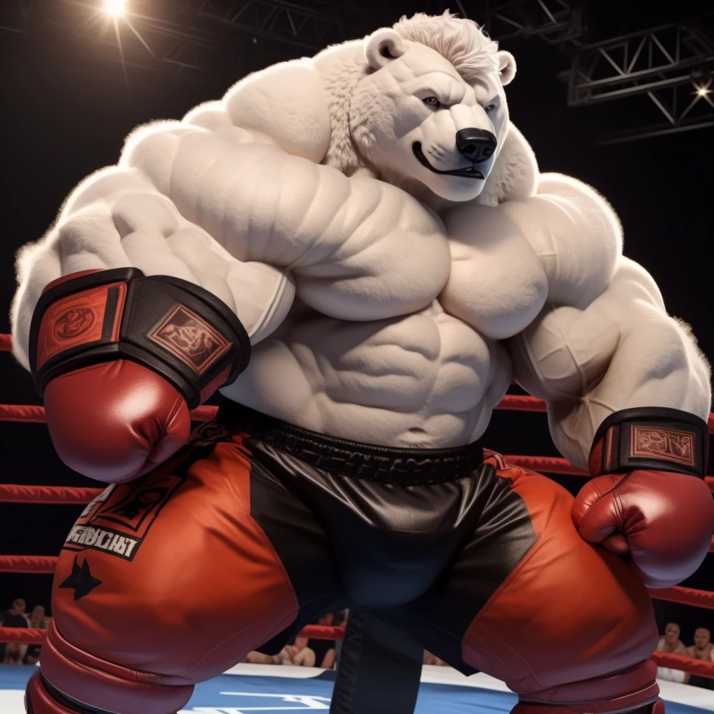 Brock Ólafsson The Huge Muscled Polar Bear, with White Hair, Huge, White Fur, Shirtless, Topless, Black MMA kickboxing Fingerless Gloves and Black MMA kockboxing Shorts