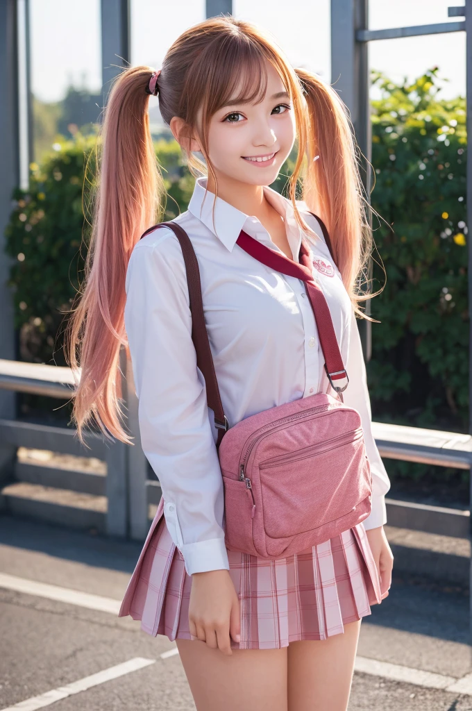((best quality, ultra-detailed, high resolution, extremely detailed CG, super detailed, Most beautiful clean lighting)), 1 girl, beautiful girl, cute girl and idol face, young face, smile, Beautiful long pink hair, twintails, Beautiful shining red eyes, white skin, slender, Short body, Japanese High School Girls' Uniforms, Schools, schoolyards, and commuting, school bag, after the rain, shine , rainbow, full body,