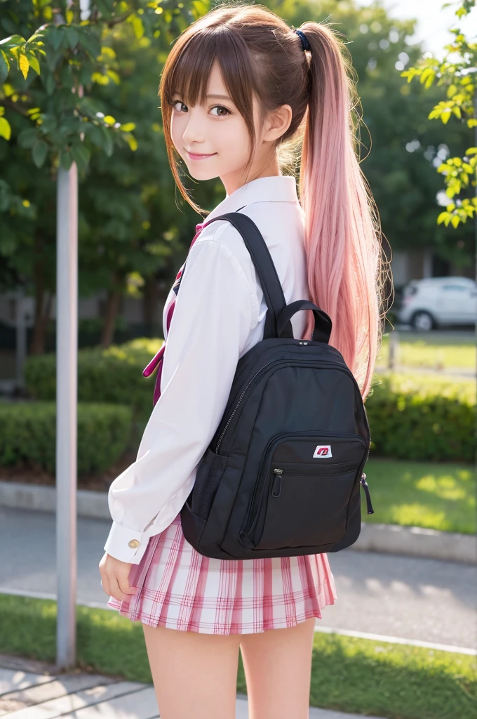 ((best quality, ultra-detailed, high resolution, extremely detailed CG, super detailed, Most beautiful clean lighting)), 1 girl, beautiful girl, cute girl and idol face, young face, smile, Beautiful long pink hair, twintails, Beautiful shining red eyes, white skin, slender, Short body, Japanese High School Girls' Uniforms, Schools, schoolyards, and commuting, school bag, after the rain, shine , rainbow, full body,