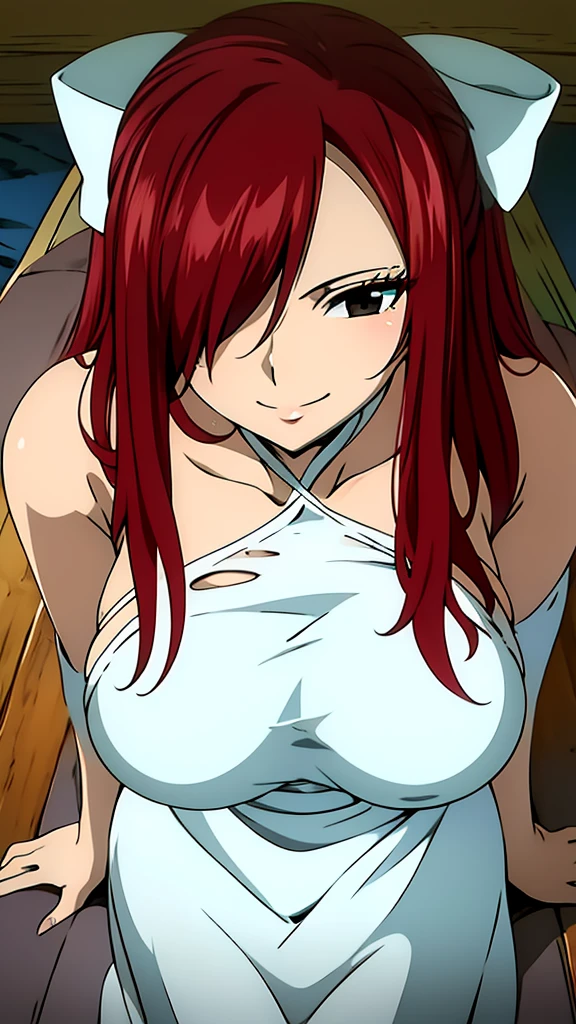 Erza, red hair, navel,, 1girl, hair over one eye, large breasts, long hair,animerza, looking at viewer, brown eyes ,masterpiece, best quality, , big breasts, blush,looking down, bathing, towel, medium breasts, nipples, navel, bath, steam, mist, lying, arms behind head, armpits, sweaty armpits, close up, pussy