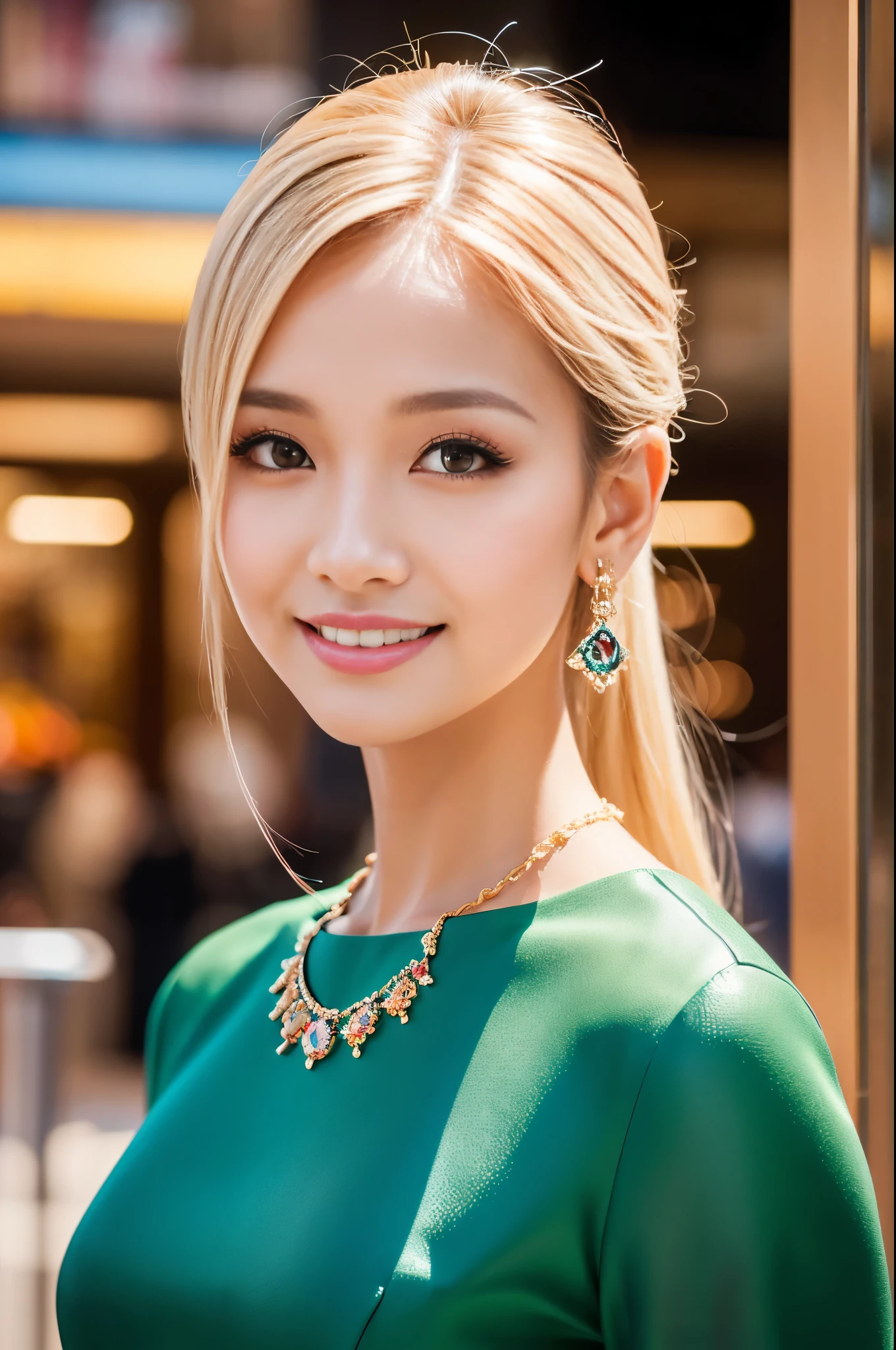 (best quality, 4k ,8k, highres, masterpiece:1.2), ultra-detailed, (realistic, photorealistic, photo-realistic:1.37), closeup, beautiful Thai woman, (slim girl), (happy smile), long lashes, beautiful makeup, platinum blonde hair, fair skin, slender figure, elegant posture, wearing large sparkling colorful jewelery, wearing a business style leather dress, standing in a large shopping mall, gentle sunlight shining through the shopping mall windows, casting a soft glow on her face, adding warmth to the scene, vibrant colors, capturing the essence of vibrant city life, portrait style, showcasing her natural beauty and grace in a feminine way
