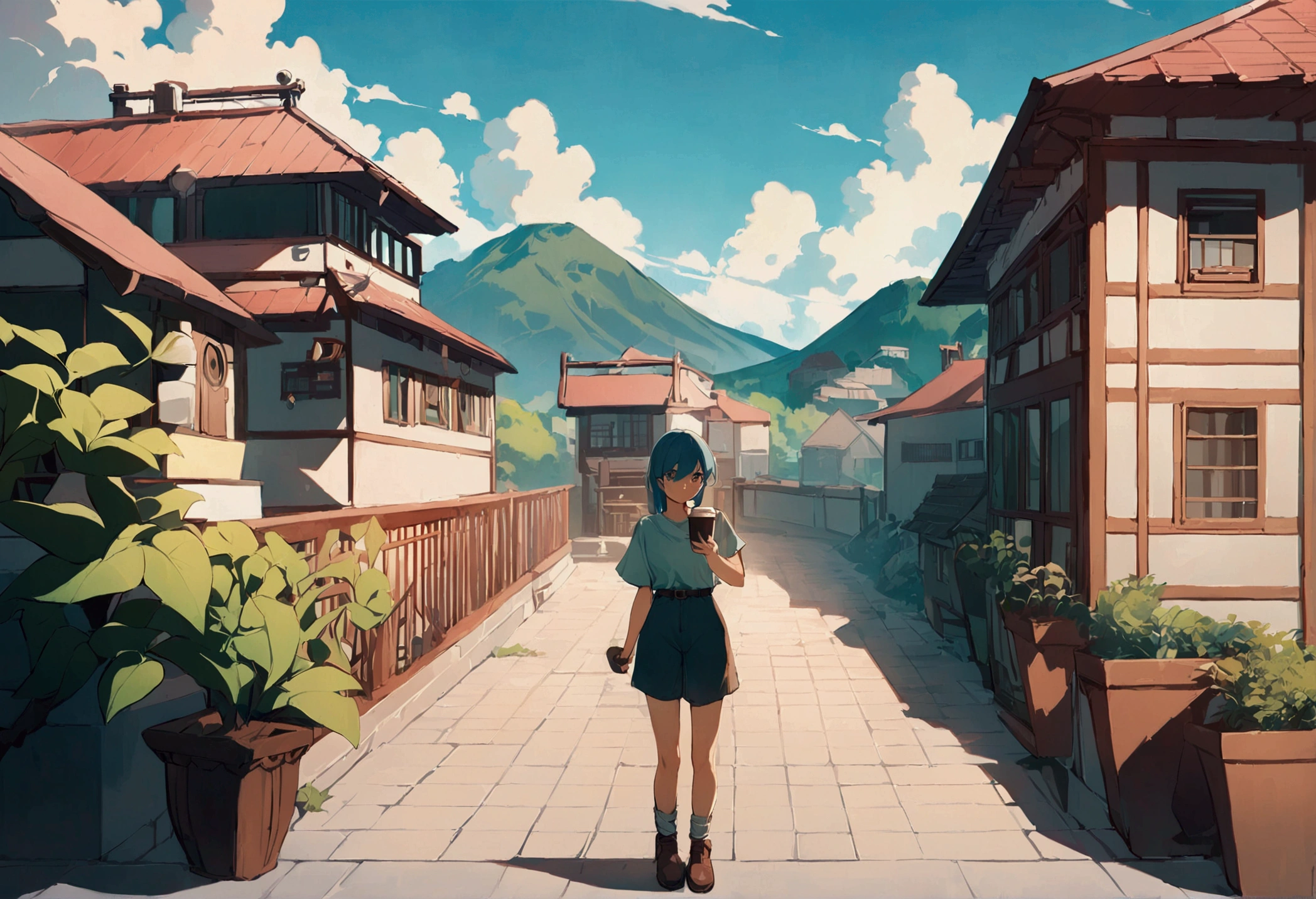 ,Girl standing on balcony with coffee in hand, cgsociety 9, Chill Hop, Alena Aenami and Artgerm, Makoto Shinkai and Artgelm, Lo-fi girl aesthetic, Anime Scenery, makoto shinkai and (Cain Kuga), Lo-fi aesthetic, Anime scenery, Anime Nature, roof backgrond, Anime Wallpaper,32k,masterpiece