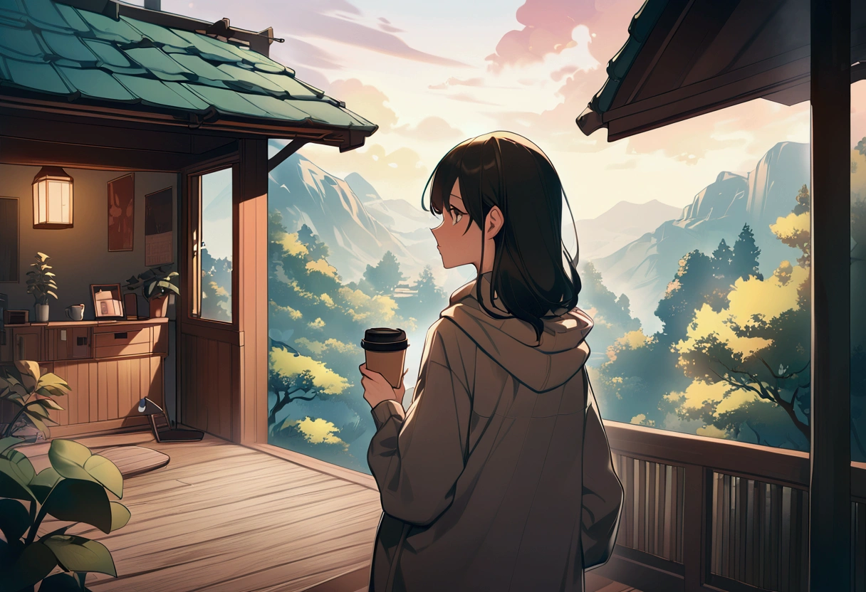 ,Girl standing on balcony with coffee in hand, cgsociety 9, Chill Hop, Alena Aenami and Artgerm, Makoto Shinkai and Artgelm, Lo-fi girl aesthetic, Anime Scenery, makoto shinkai and (Cain Kuga), Lo-fi aesthetic, Anime scenery, Anime Nature, roof backgrond, Anime Wallpaper,32k,masterpiece