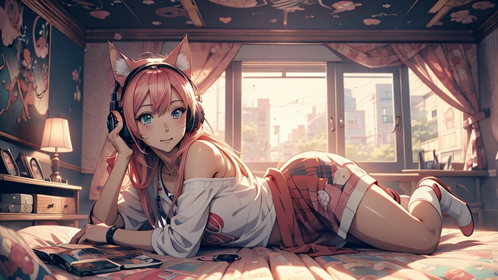 Woman wearing headphones, Anime Style 4 k, anime wallpaper 4k, anime wallpaper 4k, 4k anime wallpaper, anime art wallpaper 4k, anime art wallpaper 4k, Anime Style. 8k, Anime atmosphere, , Ultra HD Anime Wallpaper, Anime Art Wallpaper 8K, Anime Background,landscape、room、Cat、Catがいる
