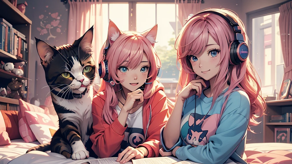 Woman wearing headphones, Anime Style 4 k, anime wallpaper 4k, anime wallpaper 4k, 4k anime wallpaper, anime art wallpaper 4k, anime art wallpaper 4k, Anime Style. 8k, Anime atmosphere, , Ultra HD Anime Wallpaper, Anime Art Wallpaper 8K, Anime Background,landscape、room、Cat、Catがいる