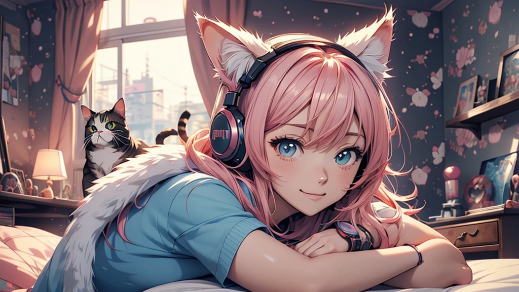 Woman wearing headphones, Anime Style 4 k, anime wallpaper 4k, anime wallpaper 4k, 4k anime wallpaper, anime art wallpaper 4k, anime art wallpaper 4k, Anime Style. 8k, Anime atmosphere, , Ultra HD Anime Wallpaper, Anime Art Wallpaper 8K, Anime Background,landscape、room、Cat、Catがいる