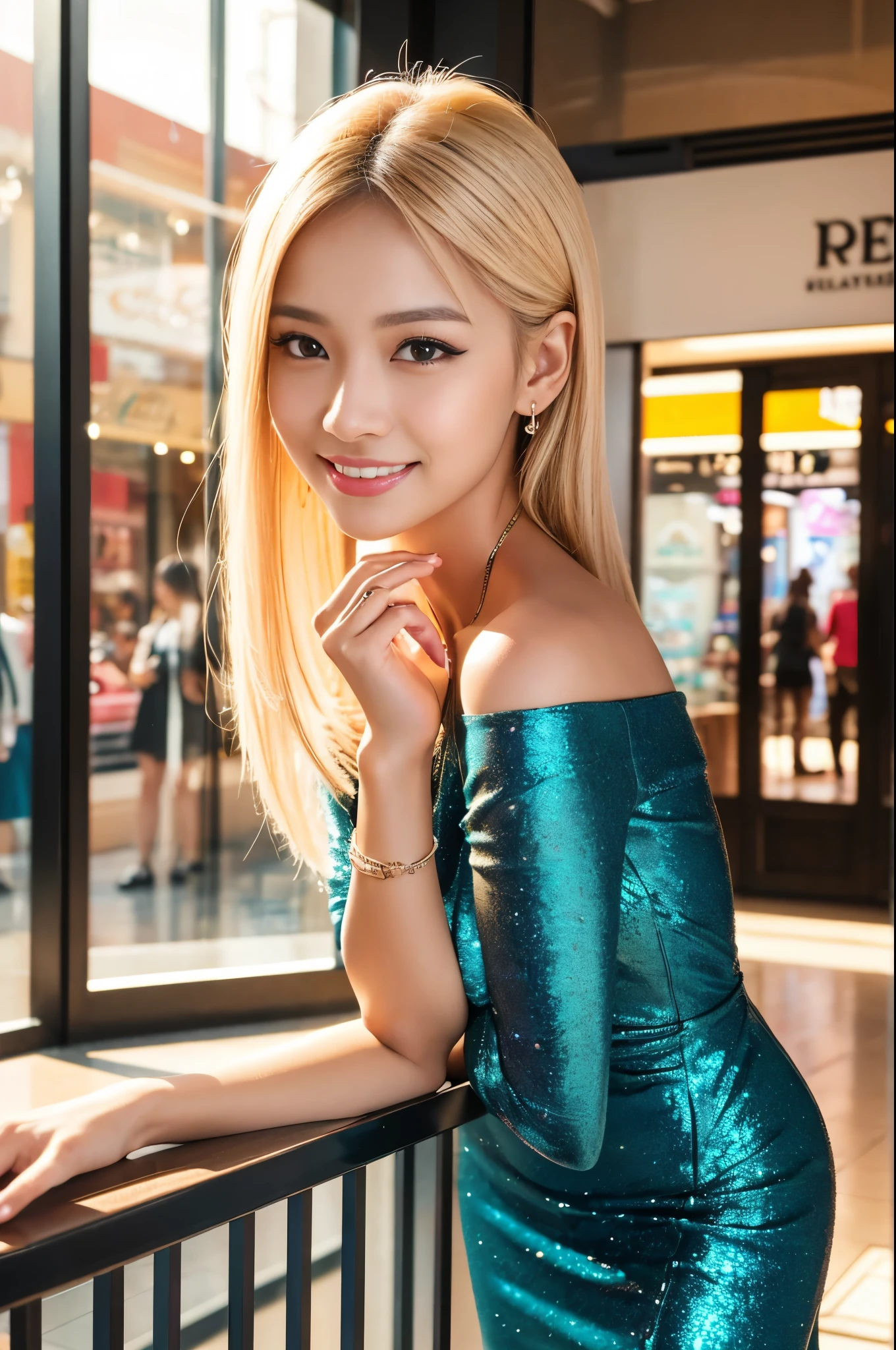 (best quality, 4k ,8k, highres, masterpiece:1.2), ultra-detailed, (realistic, photorealistic, photo-realistic:1.37), closeup, beautiful Thai woman, (slim girl), (happy smile), long lashes, beautiful makeup, platinum blonde hair, fair skin, slender figure, elegant posture, wearing large sparkling colorful jewelery, wearing a business style leather dress, standing in a large shopping mall, gentle sunlight shining through the shopping mall windows, casting a soft glow on her face, adding warmth to the scene, vibrant colors, capturing the essence of vibrant city life, portrait style, showcasing her natural beauty and grace in a feminine way