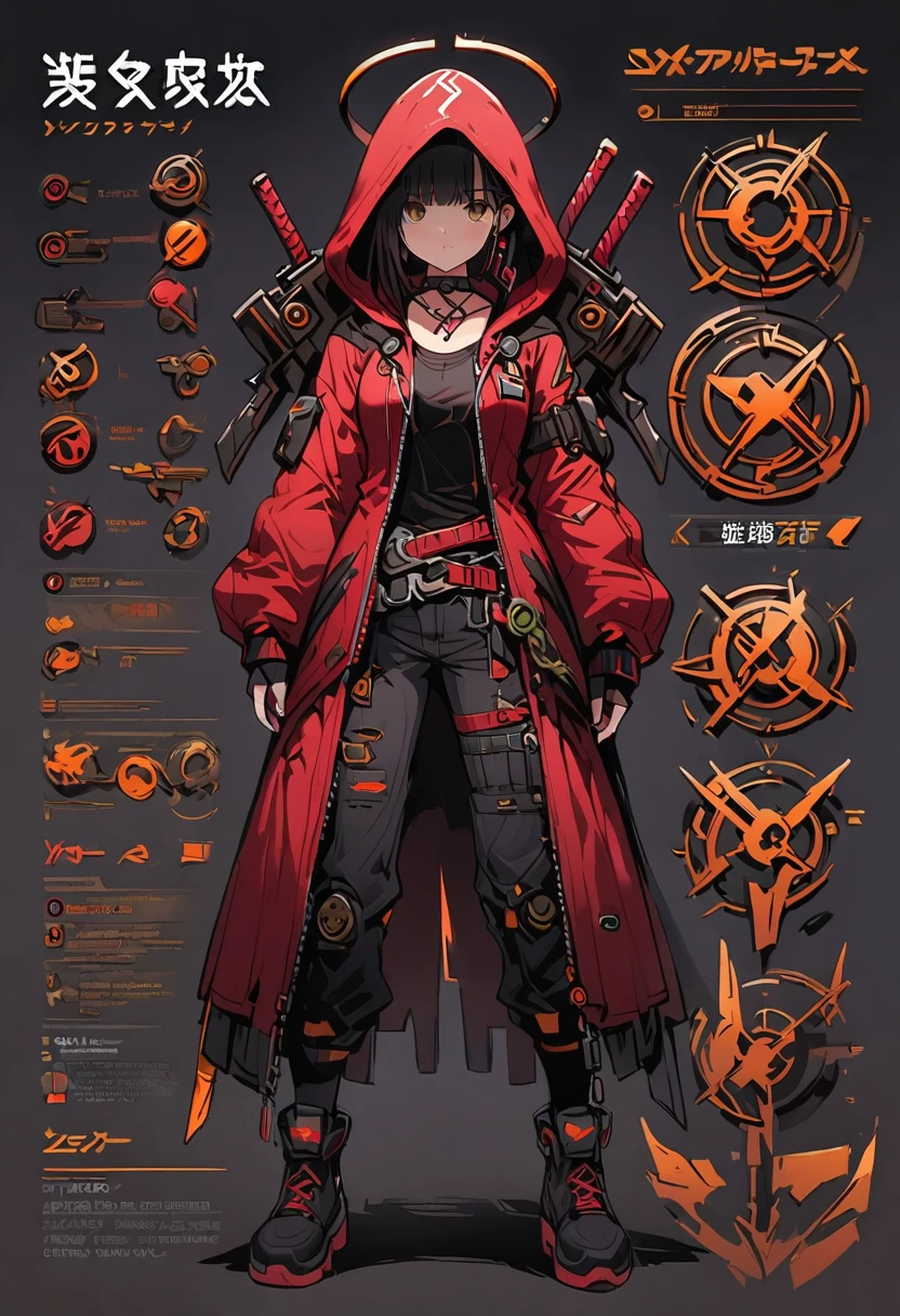 Framed Presentation of a cyberpunk mage, woman character design sheet, with detailed accessories, shoes, multiple weapons, and colorful mecanical, Ball Gown, high tech, staffs, full bodu