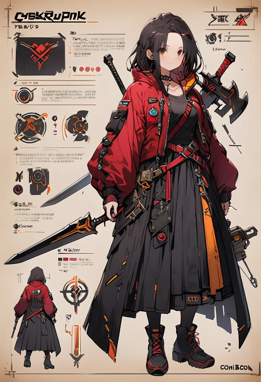 Framed Presentation of a cyberpunk mage, woman character design sheet, with detailed accessories, shoes, multiple weapons, and colorful mecanical, Ball Gown, high tech, staffs, full bodu