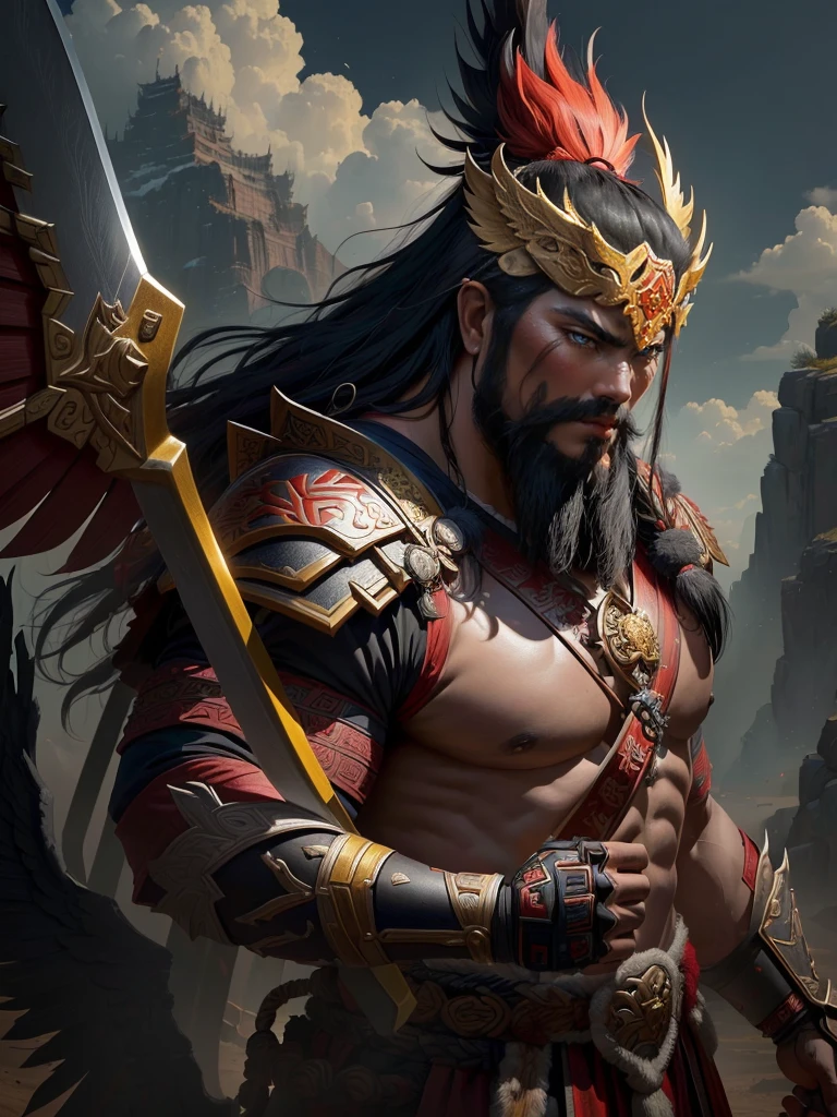 Man with a big axe and a winged head, Inspired by Hu Zaobin, Portrait of a berserker, Guan Yu, Bianlian, sun Wukong, Mongolia, Inspired by the Yellow God, Inspired by Li Gonglin, tai warlord, Inspired by Woo Bin, Wukong, Inspired by Lee Kang, naranbaatar ganbold