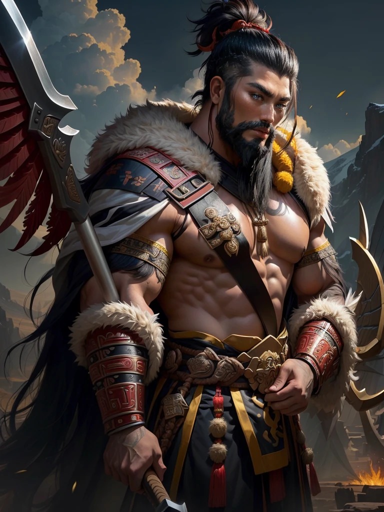 Man with a big axe and a winged head, Inspired by Hu Zaobin, Portrait of a berserker, Guan Yu, Bianlian, sun Wukong, Mongolia, Inspired by the Yellow God, Inspired by Li Gonglin, tai warlord, Inspired by Woo Bin, Wukong, Inspired by Lee Kang, naranbaatar ganbold